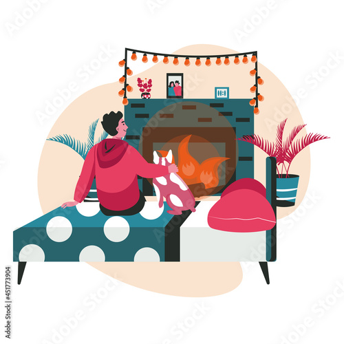 Different people relaxing in cozy bedroom scene concept. Man hugs dog and sits on bed in front of fireplace. Animal and owner people activities. Vector illustration of characters in flat design