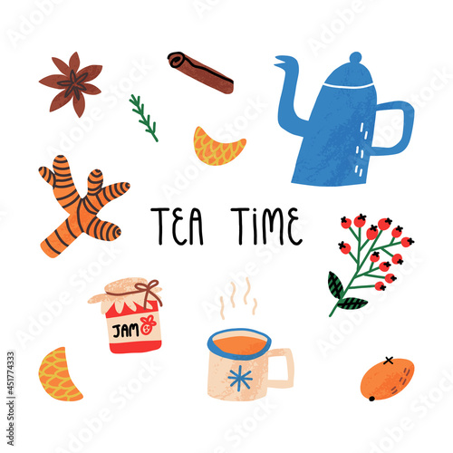 Tea time cute set with hand lettering. Cute boiling teapot or kettle, mug with hot herbal tea, warming toppings, spices.