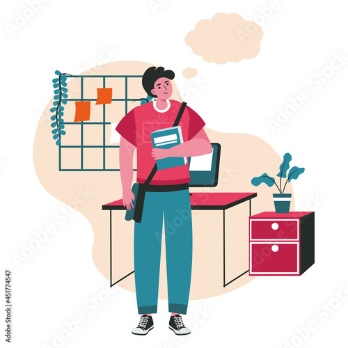 Dreaming people scene concept. Man stands thinking and dreaming with empty bubble over head. Imagination, relaxation, daydreaming people activities. Vector illustration of characters in flat design