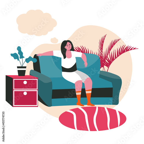 Dreaming people scene concept. Woman sitting on couch at home and thinking with empty bubble over head. Imagination and daydreaming people activities. Vector illustration of characters in flat design