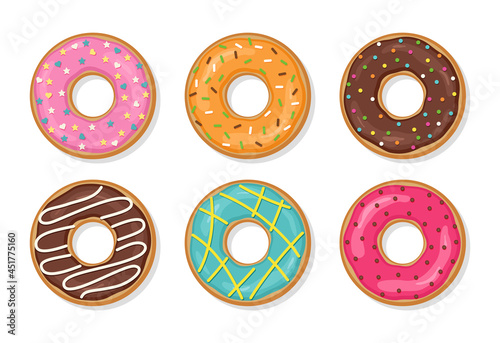 Glazed donuts with glossy icing. Top view of doughnuts. Set sweet birthday pastry. Confectionery dessert isolated on white background. Flat cartoon design. Vector illustration.