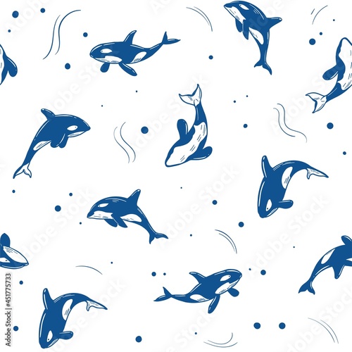Killer whale. Whale in water. Seamless pattern