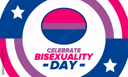 Celebrate Bisexuality Day. Bisexual Pride and Bi Visibility Day. Bisexual flag. Coming out. Celebrated annual in September 23. Festival and parade. Poster, card, banner, template, background. Vector