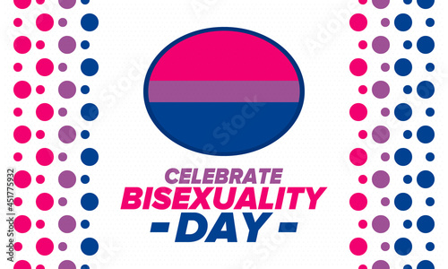 Celebrate Bisexuality Day. Bisexual Pride and Bi Visibility Day. Bisexual flag. Coming out. Celebrated annual in September 23. Festival and parade. Poster, card, banner, template, background. Vector