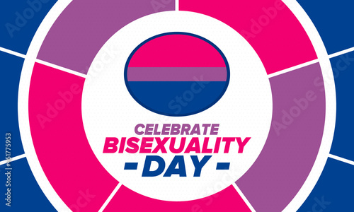 Celebrate Bisexuality Day. Bisexual Pride and Bi Visibility Day. Bisexual flag. Coming out. Celebrated annual in September 23. Festival and parade. Poster, card, banner, template, background. Vector