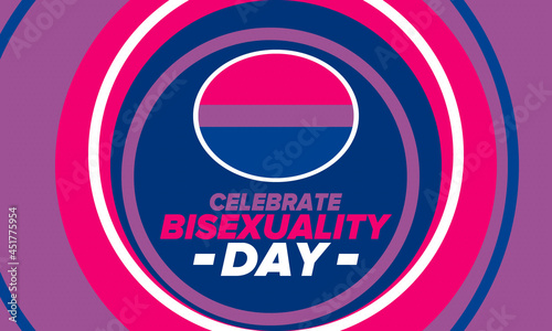 Celebrate Bisexuality Day. Bisexual Pride and Bi Visibility Day. Bisexual flag. Coming out. Celebrated annual in September 23. Festival and parade. Poster, card, banner, template, background. Vector