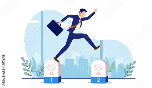 Business milestones - Businessman jumping in air reaching milestone with briefcase in hand. Vector illustration with white background