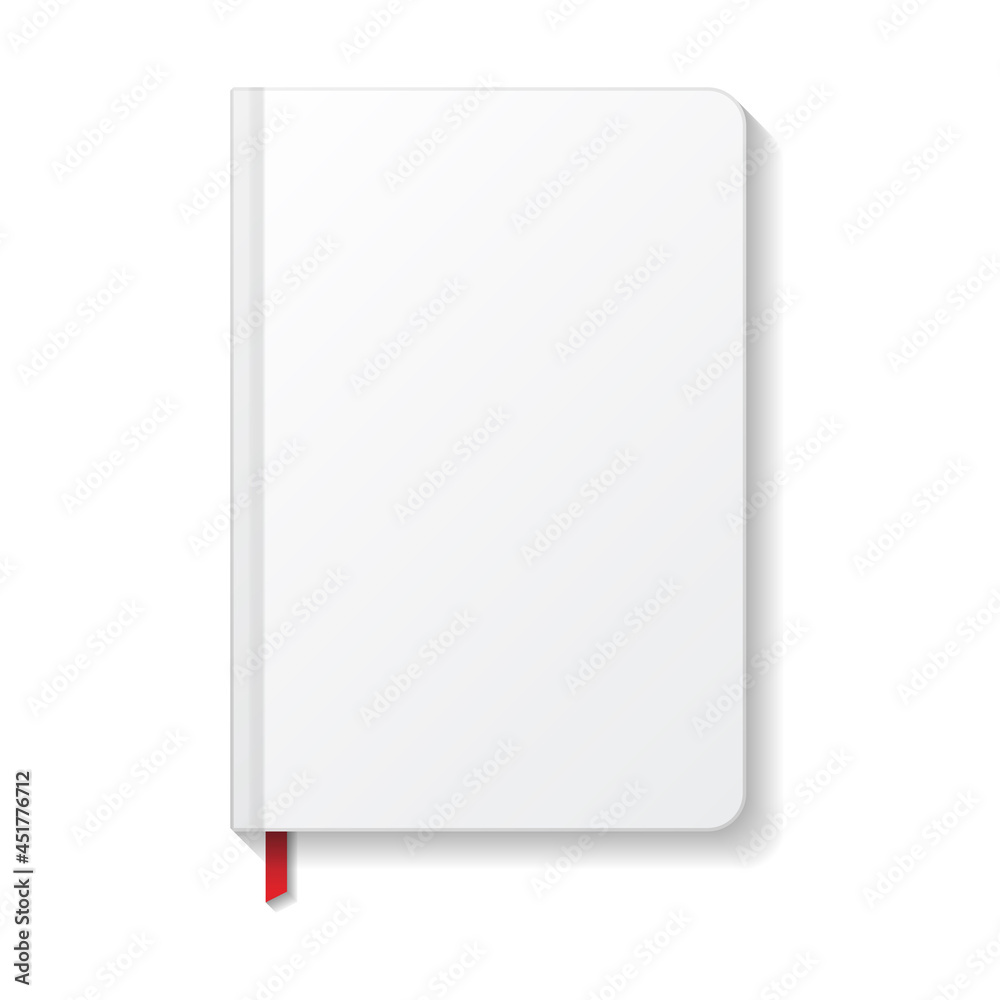 Blank white book or notebook rounded edges with red ribbon bookmark top view mockup template.