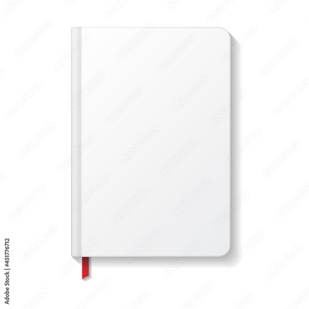 Blank white book or notebook rounded edges with red ribbon bookmark top view mockup template. Blank white book or notebook rounded edges with red ribbon bookmark top view mockup template.