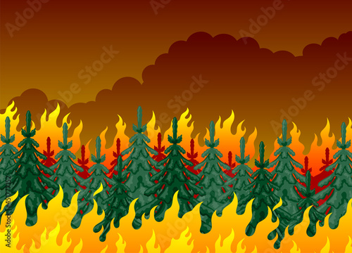 Illustration of a burning forest fire and trees on a red sky background.