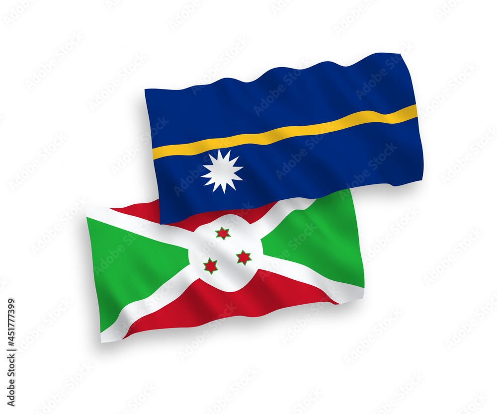 National vector fabric wave flags of Republic of Nauru and Burundi isolated on white background. 1 to 2 proportion.