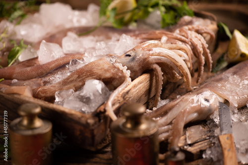 Foto Fresh squid for sale on the market