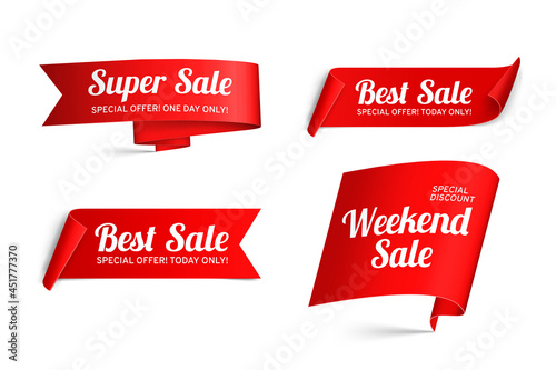 A set of red paper sale banners. Isolated on white background. Realistic style. Graphic labels for design. Stock vector illustration.
