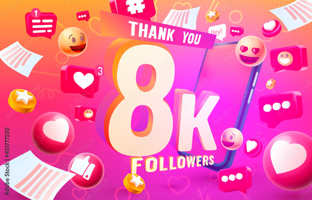 Thank you followers peoples, 8k online social group, happy banner celebrate, Vector