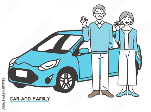 自動車と笑顔のシニア夫婦のベクターイラスト素材／車／旅行／ファミリー／おでかけ／セダン