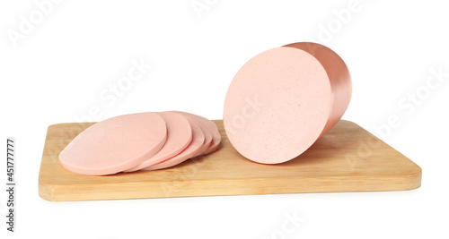 Wooden board with delicious boiled sausage isolated on white