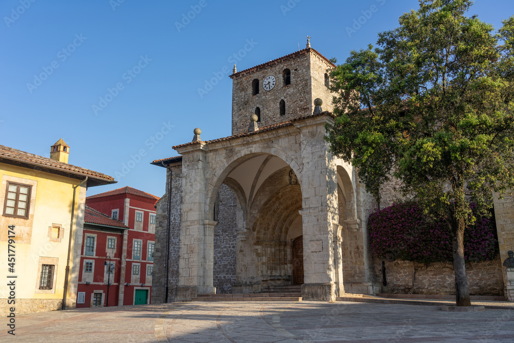 Santa Maria del Conceyu gothic church in the old town of the beautiful village of Llanes in north of Spain.