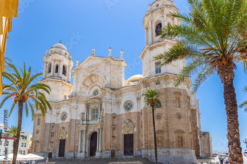 Façade of beautiful Cathedral of Cadiz, View of main entrance. Roman Catholic church in Cádiz, southern Spain. Architect Vicente Acero. Neoclassical style. 