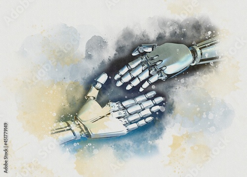 Robots shaking hands, illustration photo