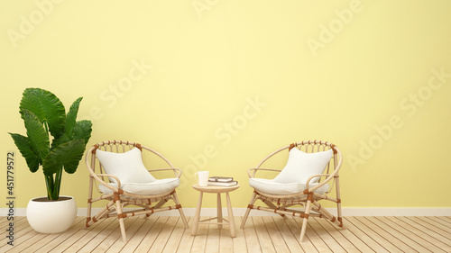 Living area for office design or coffee shop design. Waiting area design for spa bussiness or lobby hotel on yellow tone. 3D Illustration