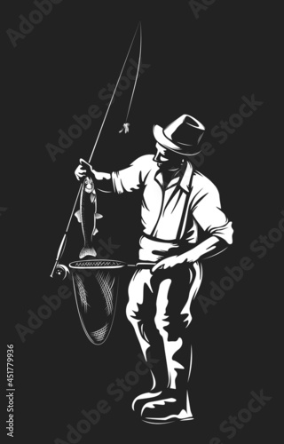 Fisherman with trout in vintage style. Vector illustration. Vintage, retro design. Vector graphic.