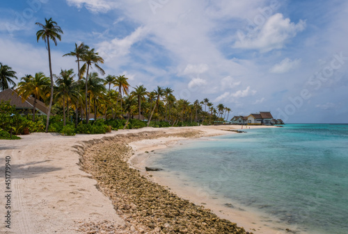 Untouched lonely tropical beach in Maldives Crossroads. July 2021