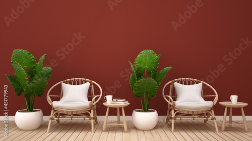 Living area for office design or coffee shop design. Waiting area design for spa bussiness or lobby hotel on dark red tone. 3D Illustration