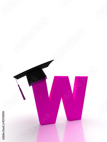 Letter W with student cap on isolated background in pink for back to school.