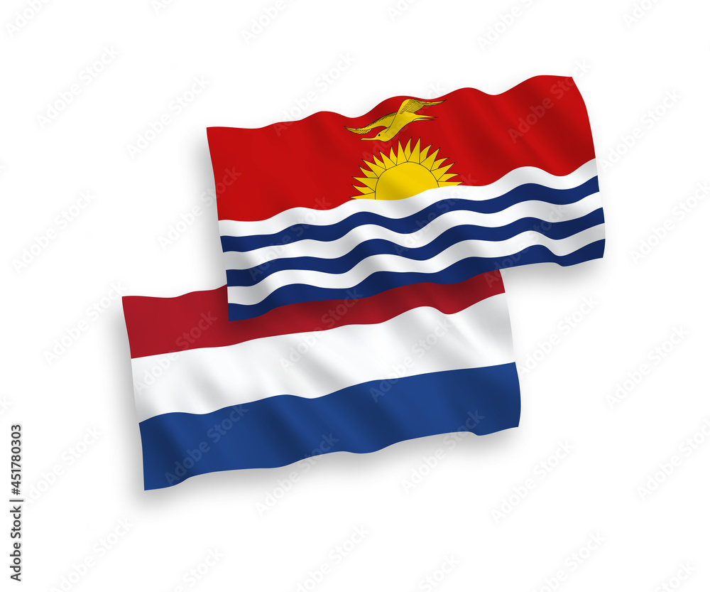 National vector fabric wave flags of Republic of Kiribati and Netherlands isolated on white background. 1 to 2 proportion. National vector fabric wave flags of Republic of Kiribati and Netherlands isolated on white background. 1 to 2 proportion.