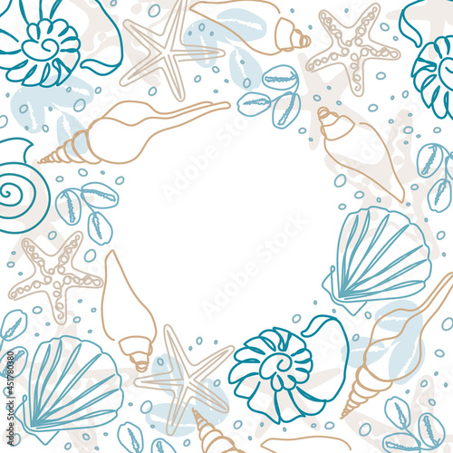Seashells isolated frame in line drawing, doodle style. Minimalistic round vector frame.