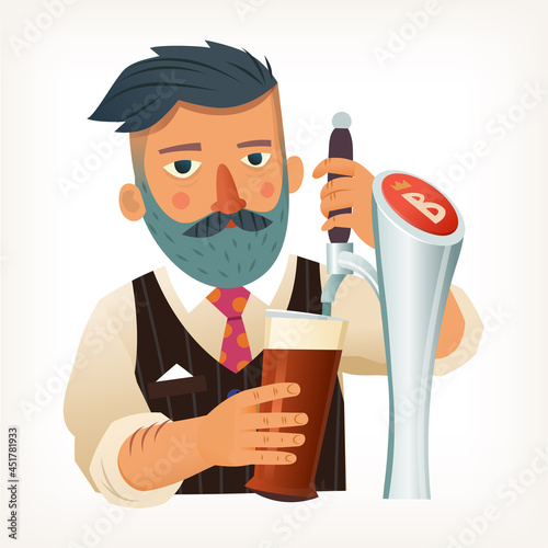 Bearded bartender wearing white shirt and black vest pouring full glass of red beer with frothy foam with bar tap. Isolated vector illustration 
