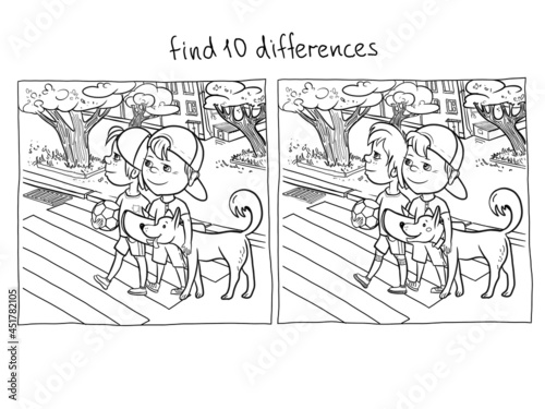 Carriageway, street in the city, pedestrian crossing, children with a dog cross the street on a traffic light, illustration for coloring, find the ten differences solution, for children
