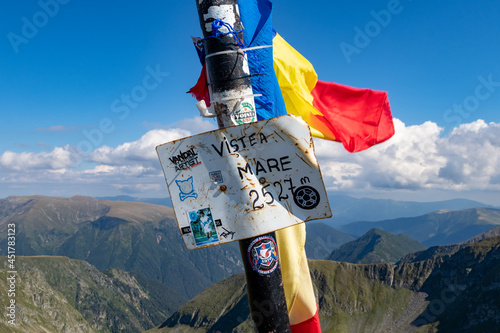 Vistea Mare Peak. Signposts on top of Vistea Mare.The Făgăraș Mountains from Romania.14.08.2021 photo