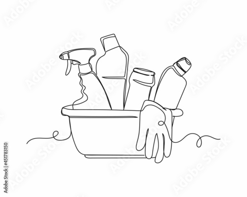 Continuous one line drawing of basin with cleaning supplies icon in silhouette on a white background. Linear stylized.