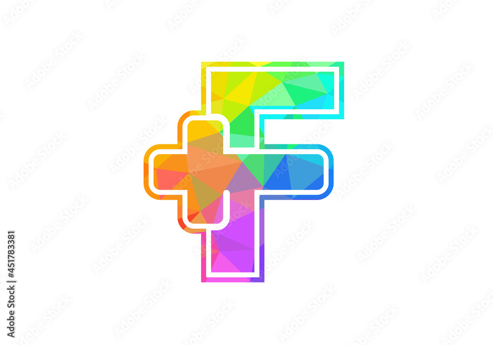 Initial F monogram alphabet with a plus logo sign. Low poly art style. Font emblem. Modern vector logo for medical or health business, and company identity Initial F monogram alphabet with a plus logo sign. Low poly art style. Font emblem. Modern vector logo for medical or health business, and company identity