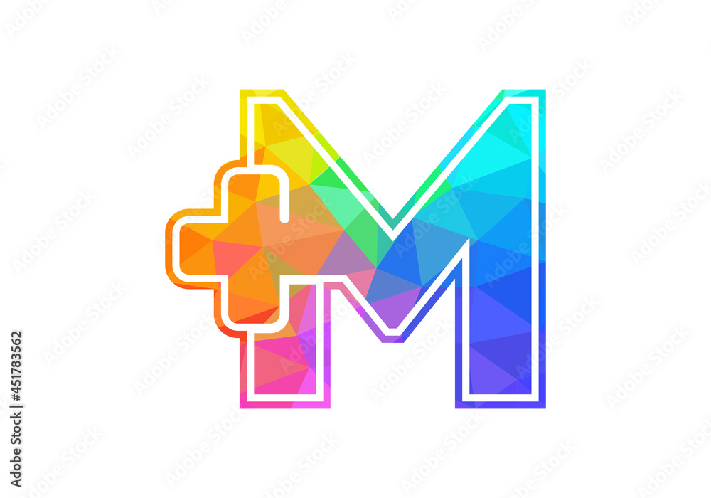 Initial M monogram alphabet with a plus logo sign. Low poly art style. Font emblem. Modern vector logo for medical or health business, and company identity Initial M monogram alphabet with a plus logo sign. Low poly art style. Font emblem. Modern vector logo for medical or health business, and company identity