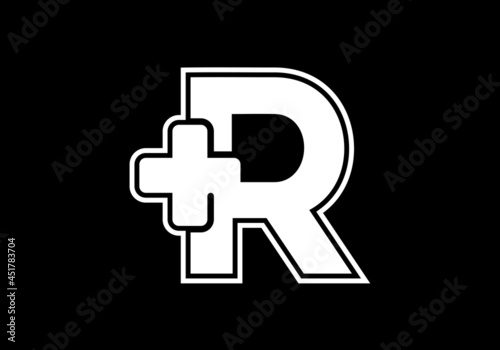 Initial R monogram alphabet with a plus logo sign white in black background. Font emblem. Modern vector logo for medical or health business  and company identity