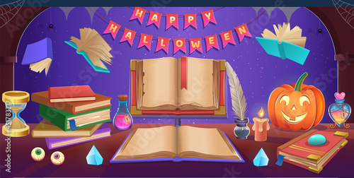 Happy Halloween. Halloween table with cauldron, pumpkins, candy, hat, magic ball, open book, hourglass, nib pen, stack of books,. Background for games and mobile applications.