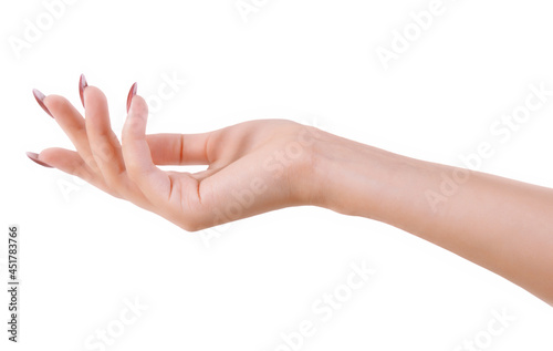 Woman hand with red manicure,  isolated on white background. Retouched beautiful young female hand open, holding, presenting gesture. Hands skin care cosmetics, dermatology, nails care beauty concept