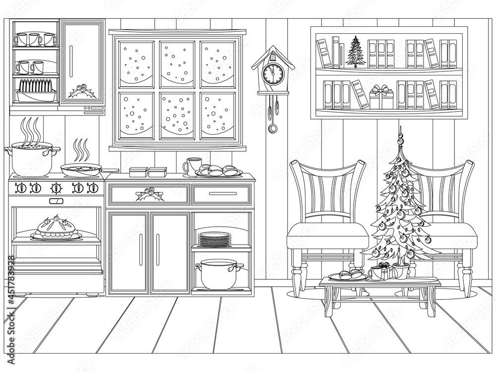 Fototapeta premium Festive decorated kitchen for the new year and Christmas. Vector coloring.