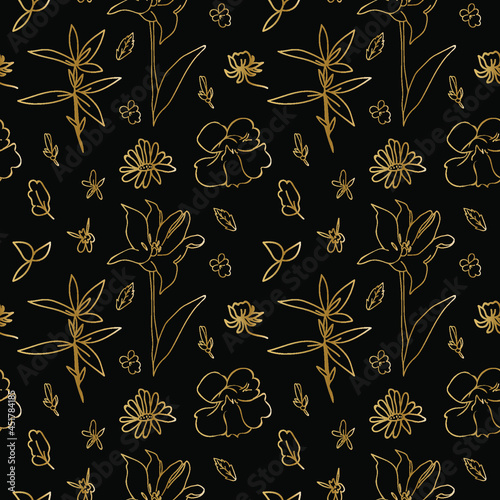 Seamless vector pattern with gold garden flowers on black isolated background.Repeating print with hand drawn botanical ornaments in doodle style.Design for textiles,wrapping paper,fabric,packaging.