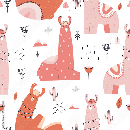 Cute pink llamas on a white background with trees and plants. Infinite pattern. Flat vector illustration
