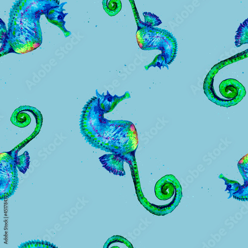 SeaHorse pattern seamless. Sea Horse watercolor, drawing, background. Sea animal ornament.
