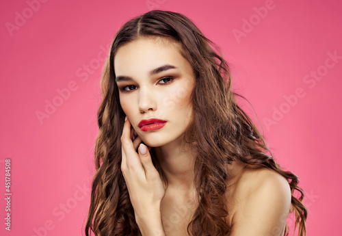 woman attractive look luxury pink background