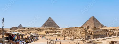 Egypt, Cairo - April 13, 2021: Great Pyramids of Giza, UNESCO World Heritage site, Egypt.