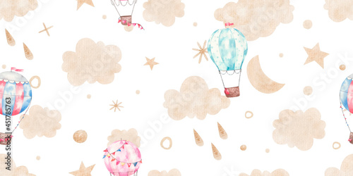 seamless pattern with air colored hot balloons, clouds, dots, stars made of gold, cute childish illustration