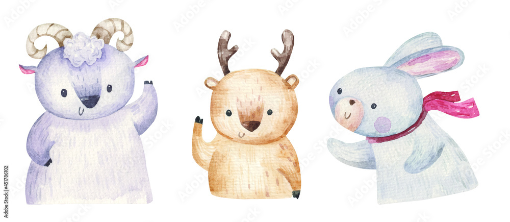 Obraz set of cute forest animals, ram, hare and deer, hand drawn illustration, print, design for children