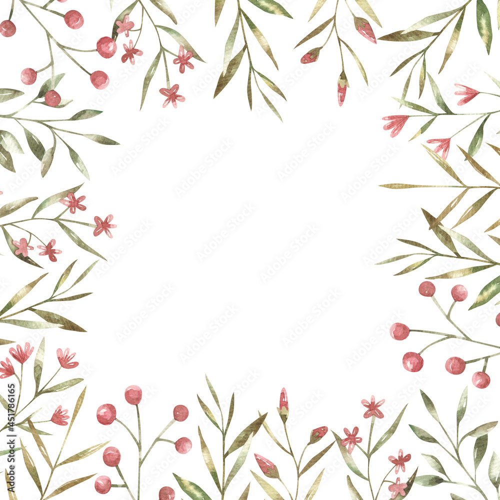 frame with branches with red and pink flowers and green leaves, botanical illustration for printing , wedding design frame with branches with red and pink flowers and green leaves, botanical illustration for printing , wedding design