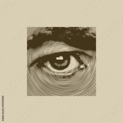 A square banner with an abstract human eye and an eyebrow in close-up, made of circles on an old paper background. Monochrome vector illustration in retro style.