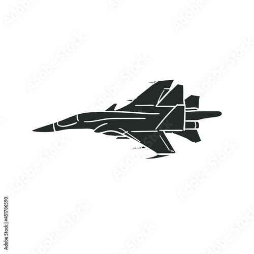 Airplane Fighter Icon Silhouette Illustration. Army Vehicle Vector Graphic Pictogram Symbol Clip Art. Doodle Sketch Black Sign.